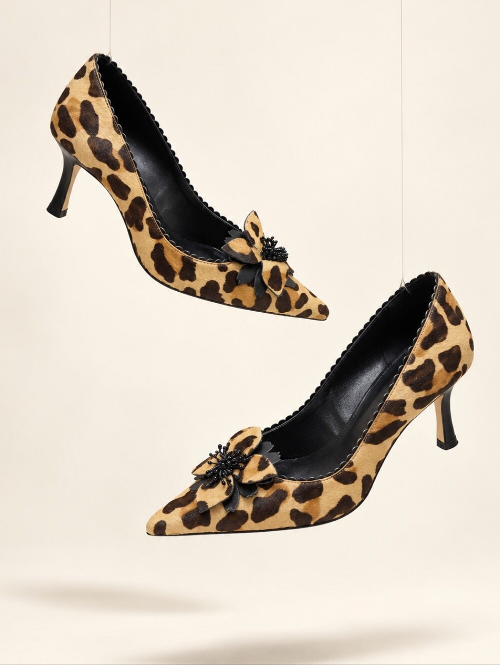 Leopard Print Floral Pointed Toe Kitten Heels 36.5